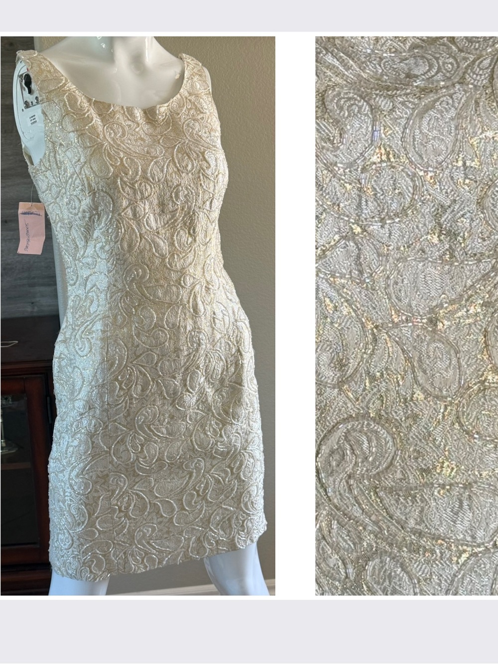 Vintage Carmen Marc Valvo 90’s Gold Metallic Embellished Jacquard Mini D…